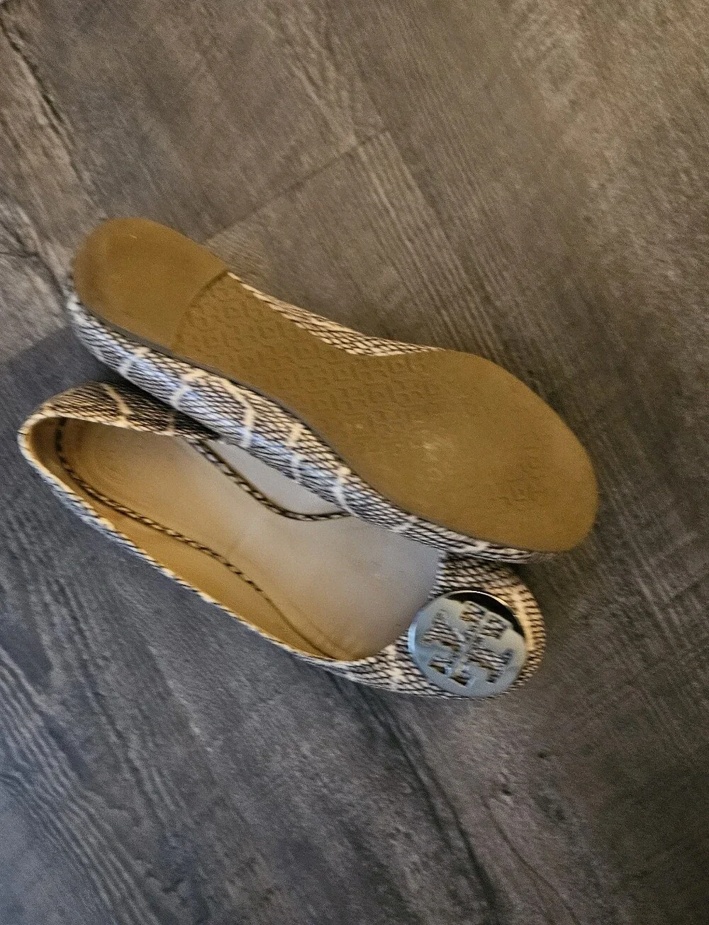 Tory Burch Black and White Snakeskin-Print Logo Ballet Flats